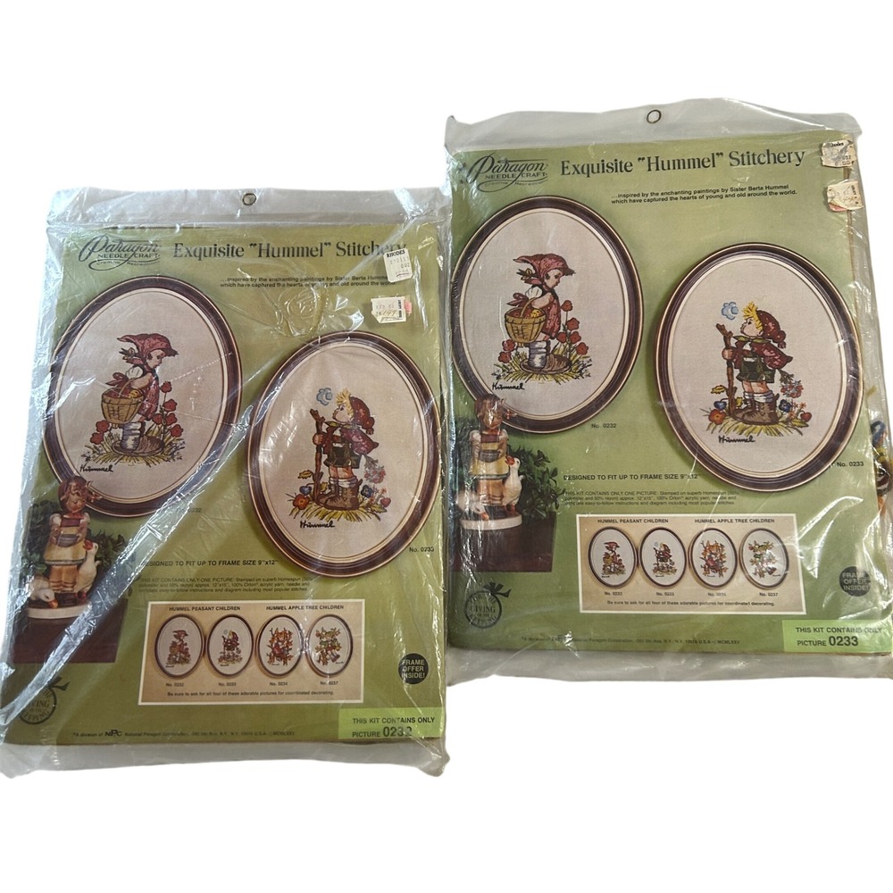 Paragon Hummel Stitchery Kits 0232 0233 Vintage 1975 Crewel Embroidery Set